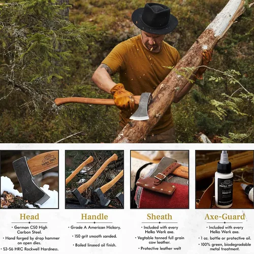 Miniatura 3 de 1844 Helko Werk Germany Hacha tradicional de carpintería de la Selva Negra, hecha en Alemania, Hacha Bushcraft forjada a mano y hacha forestal