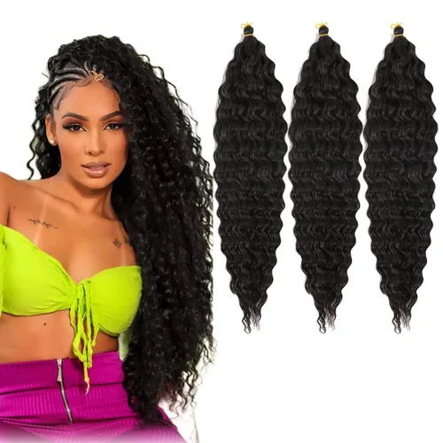 Miniatura 45 de Pelo de ganchillo Ocean Wave de 30 pulgadas, 3 paquetes de cabello trenzado de onda profunda, cabello rizado profundo con ganchillo para mujeres