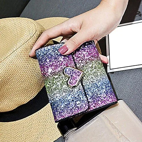 Miniatura 3 de Bestmaple Cartera pequeña de cuero sintético con lentejuelas de metal multicolor para mujeres y niñas, monedas, monedas, monedas, Botón de corazón.