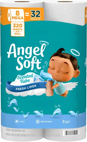 Angel Soft Papel higiénico con tubo perfumado de lino fresco, 8 megarrollos = 32 rollos regulares, papel higiénico suave y fuerte