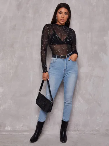 Miniatura 5 de Floerns - Blusas de malla transparente con estrellas de manga larga con cuello alto para mujer