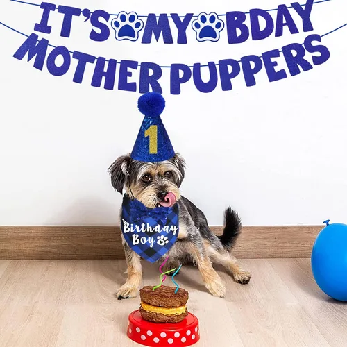 Miniatura 7 de Suministros para fiesta de cumpleaños para perros, sombrero de cumpleaños para perro de varios tamaños con números, bandana, pajarita, cartel