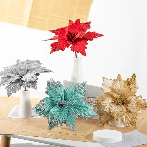 Miniatura 7 de 6 adornos para árbol de Navidad con purpurina para árbol de Navidad, flores artificiales de Navidad, accesorios florales, flores de franela