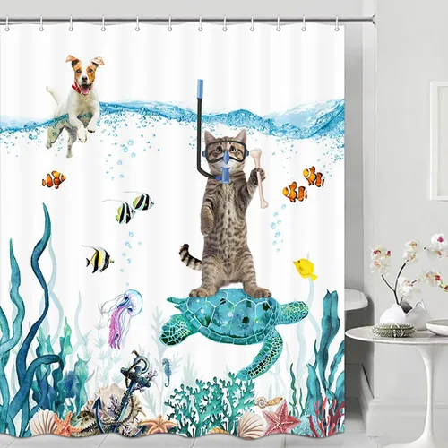 Miniatura 2 de Cortina de ducha de tortuga marina con diseño de gato y perro, divertido pez y perro tropical, 72 x 72 pulgadas, tela de poliéster, juego