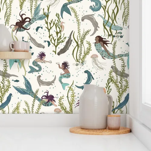 Miniatura 8 de Papel tapiz para despegar y pegar, diseño de sirenas nutrias, blanco, verde, azul, mar, océano, fondo de pantalla extraíble personalizado Spoonflower