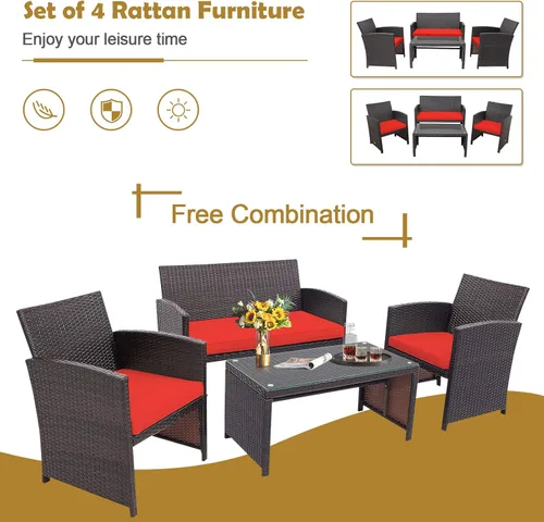 Miniatura 5 de HAPPYGRILL Juego de 4 muebles de mimbre para exteriores con mesa de centro de vidrio templado, cojines suaves, juego de sillas de ratán resistentes