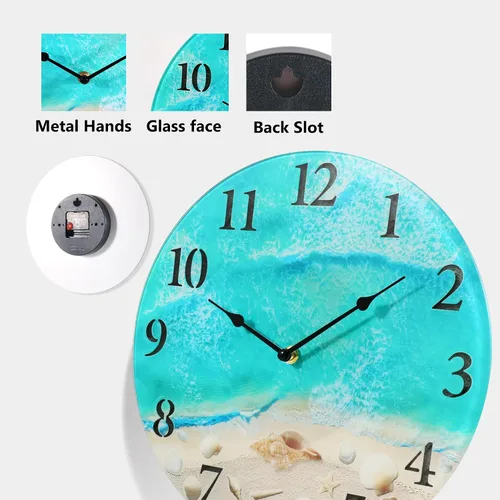 Miniatura 2 de Reloj de pared de cristal náutico costero con diseño de concha marina y tema estético de playa, funciona con pilas, decoración de pared silenciosa
