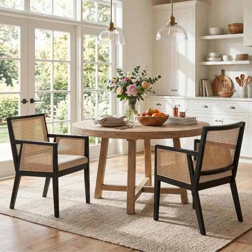Miniatura 8 de HNY Juego de 2 sillas de comedor de ratán estilo granja, marco de madera maciza negra, asiento tapizado de lino, sillas de comedor ergonómicas