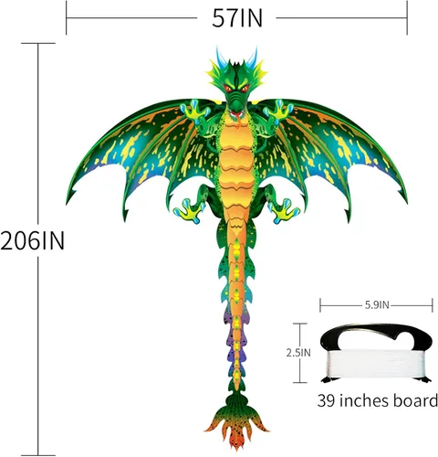Miniatura 2 de eyijklzo Cometa de dragón verde hermosa y fácil de volar para niños y adultos con cola larga y colorida, accesorios fáciles de volar