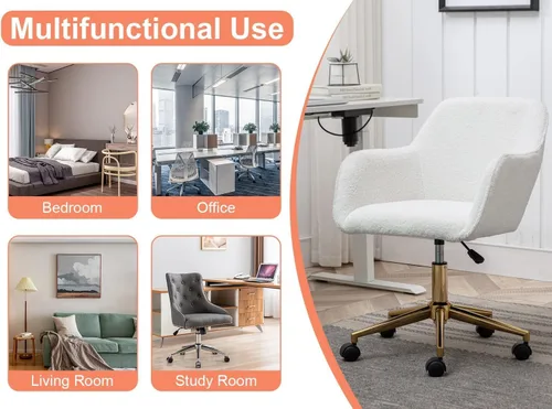 Miniatura 7 de Silla de tocador de piel sintética para oficina en casa con respaldo, altura de maquillaje rodante, color blanco con ruedas, escritorio mullido