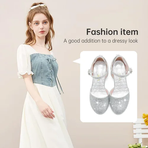 Miniatura 7 de Zapatos de vestir para niñas, puntera cerrada, tacones altos y gruesos, correa para el tobillo, zapatos de tacón para boda y fiesta