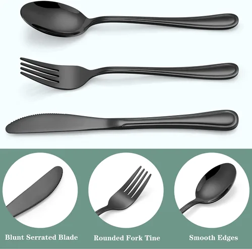 Miniatura 6 de LIANYU Juego de cubiertos negros de 12 piezas para niños pequeños, de acero inoxidable, para 4 personas, incluye cuchillo y tenedor, cuchara