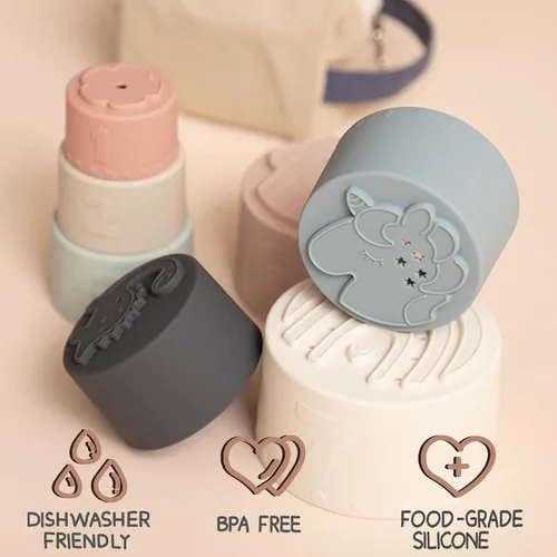 Miniatura 3 de Moonkie Juguete de tazas apilables, juguetes educativos divertidos para bebés, juguete de dentición suave de silicona, a partir de 6 meses, juego