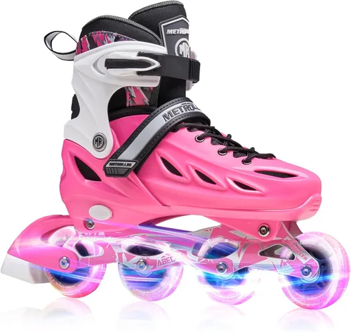 METROLLER Patines en línea para niñas y niños, mujeres, hombres, 4 tallas ajustables, patines en línea con ruedas que se iluminan, patines Rosa