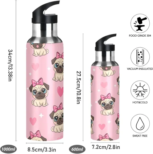 Miniatura 2 de Insulated Water Bottle 32 Oz, Leakproof Water Bottles for Gym Outdoor Travel School, Cute Cartoon Pugs Eyes
