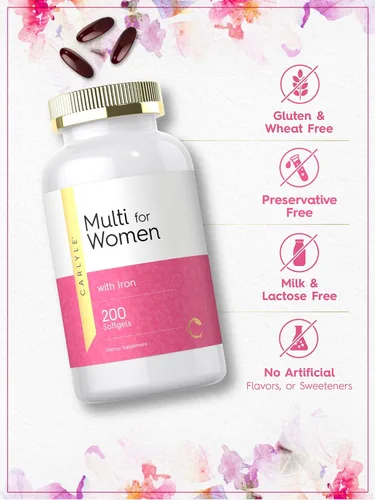 Miniatura 4 de Carlyle Multivitamínico para mujeres con hierro 200 cápsulas blandas Vitaminas esenciales, minerales y omegas Suplemento de apoyo nutricional