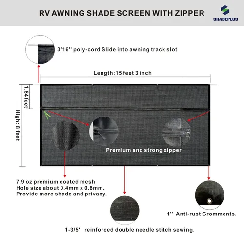Miniatura 2 de Pantalla de Sombra Solar para Toldo de RV 8'x15'3'' (Compatible con Toldo de 16'), Pantalla de Malla Negra con Cremallera, Pantalla Universal