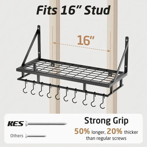 Miniatura 5 de KES Estante para ollas de cocina de 24 pulgadas montado en la pared, organizador de almacenamiento con ganchos, estante de pared en mate negro