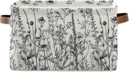 Miniatura 10 de Blueangle Cesta de almacenamiento rectangular de flores blancas y negras, 15 x 11 x 9.5 pulgadas, cesta organizadora plegable para decoración