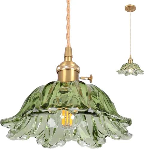 Miniatura 44 de Luces Colgantes para Isla de Cocina, Luz Colgante de Cristal Verde Accesorios de Iluminación Vintage, 9.4 pulgadas E26 Acabado Lámpara Colgante