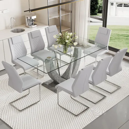 Miniatura 10 de Juego de mesa de comedor de cristal para 6, juego de mesa de cocina de 7 piezas con 6 sillas, mesa de vidrio templado de 71 pulgadas con sillas