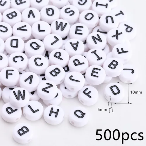 500 cuentas del alfabeto negro sobre blanco, cuentas redondas de letras acrílicas de 0.394 pulgadas, cuentas de letras blancas del alfabeto A-Z,