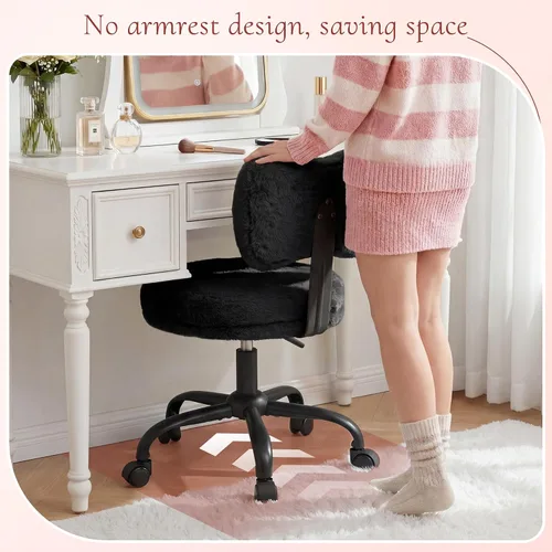 Miniatura 4 de Homkdom Silla de tocador con ruedas, bonita silla de escritorio con respaldo de lazo, silla de oficina pequeña de piel de conejo sintética esponjosa