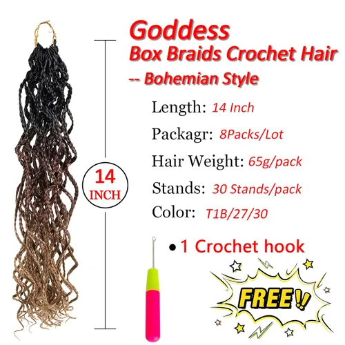 Miniatura 2 de Goddess Box - Trenzas de ganchillo de cabello bohemio con extremos rizados, extensiones de cabello bohemio de 14 pulgadas, extensiones de cabello