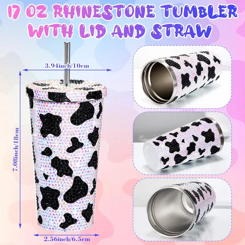 Miniatura 2 de Yaomiao Botella de agua con estampado de vaca, vaso de diamantes de imitación para mujer, botella de agua de vaca con purpurina de 17 onzas