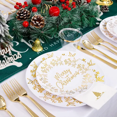 Miniatura 5 de Nervure 175 piezas de platos de plástico de Navidad - Juego de platos desechables blancos y dorados incluye 25 platos de cena, 25 platos de postre