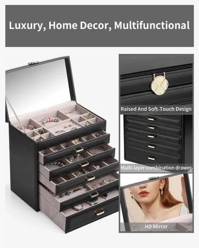 Miniatura 4 de Vlando Joyero grande de 6 niveles para mujer, organizador de joyas grande con espejo, organizador de joyas para cajón, collar, anillo, pulsera