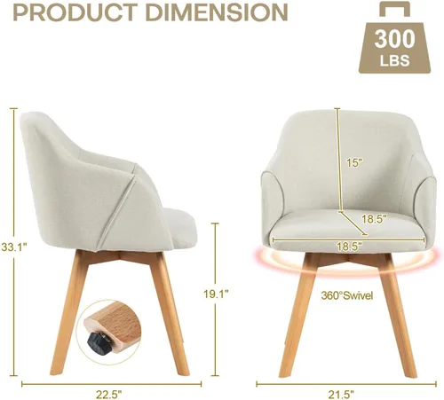 Miniatura 2 de Juego de 2 sillas de comedor giratorias, modernas de mediados de siglo con brazos y patas de madera, sillas de cocina tapizadas de tela de lino