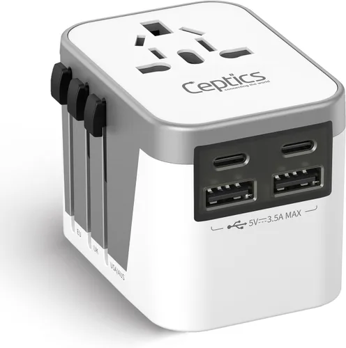 Ceptics World Travel Adaptador de enchufe de alimentación USB dual - 2 puertos USB cargador de pared tipo I C G A Tomas 110V 220V A/C - 5V D/C - EU