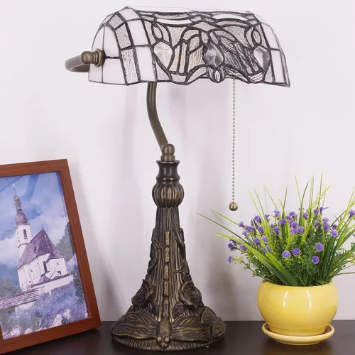 Miniatura 6 de Tiffany Banker - Lámpara de mesa pequeña con vitrales, estilo Tiffany, luz de piano, blanco, estilo curvado, lámpara de escritorio, ángulo