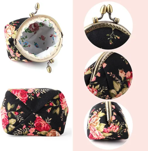 Miniatura 2 de Oyachic Monedero estampado vintage con hebilla de embrague, monedero con cierre de beso, monedero con cierre floral, carteras para mujer