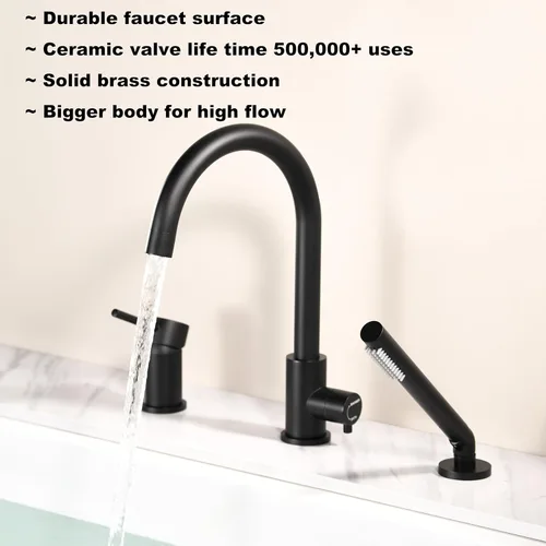 Miniatura 4 de Grifo de bañera de montaje en cubierta negro con rociador, grifos de bañera de alto flujo, grifo de baño de latón con mango montado en la ducha