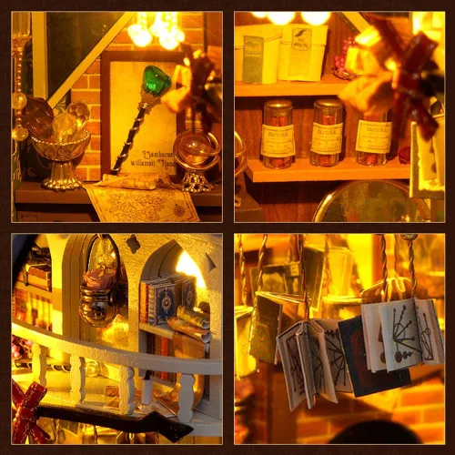 Miniatura 5 de Kit de casa en miniatura de bricolaje, kit de rincón de libro de estilo europeo, diseño de espejo ilusión, kit de casa de muñecas en miniatura
