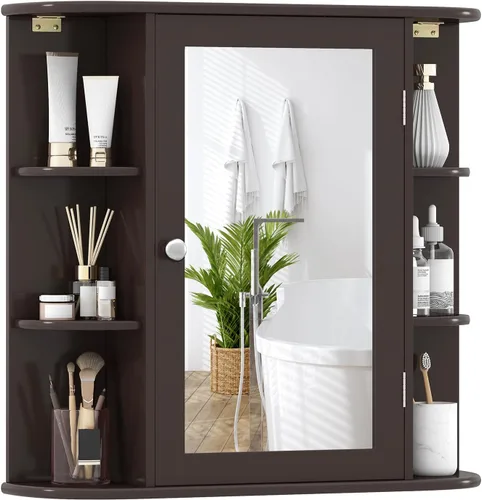 Miniatura 12 de Giantex Botiquín de baño, armario de espejo de baño montado en la pared con puerta de espejo y 4 estantes interiores, 6 estantes abiertos, Blanco