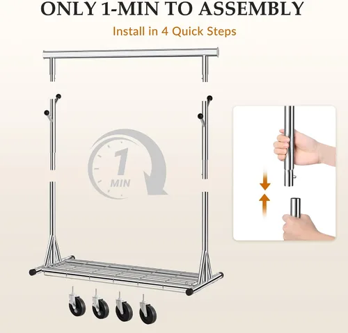 Miniatura 32 de Gewudraw Estante de ropa resistente con carga de 900 libras, estante comercial de doble barra con ruedas y estantes resistentes, estante colgante