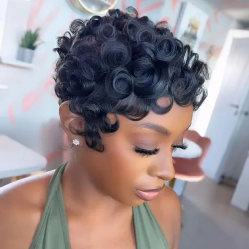 Miniatura 2 de YOUKNOWIG Pelucas de corte Pixie para mujeres negras, peluca brasileña rizada con corte Pixie, cabello humano, sin pegamento, pelucas cortas