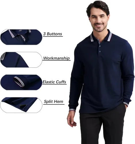 Miniatura 4 de Polo de piqué para hombre, manga larga, con punta de mezcla de algodón, casual, con cuello, ajuste clásico