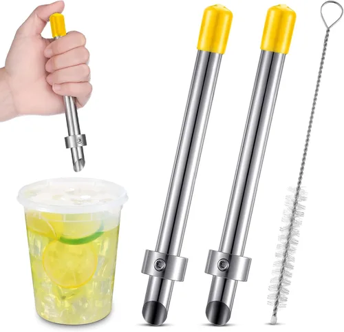 Miniatura 9 de Lasnten Paquete de 2 perforadores de paja para tapas de plástico, vasos de limonada, herramientas de perforación de acero inoxidable para bebidas
