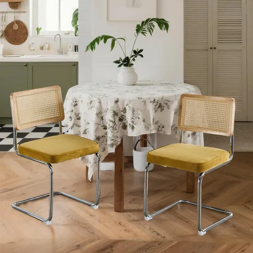 Miniatura 13 de Juego de 4 sillas de comedor de terciopelo tejidas a mano con respaldo de ratán y base cromada, silla de cocina de mediados de siglo, para comedor
