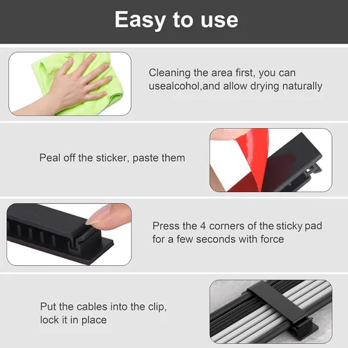Miniatura 5 de Clips de organización de cables, 20 organizadores de cables, soportes para cable para TV, PC, Ethernet, escritorio, oficina en casa (negro)