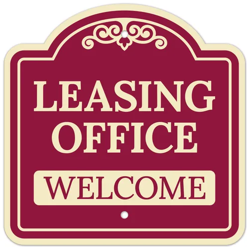 Leasing Office - Letrero decorativo de bienvenida, color borgoña oscuro, 12 x 12 pulgadas, libre de óxido, aluminio 063, resistente a la