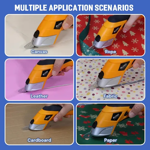 Miniatura 2 de VLOXO Tijeras eléctricas, cortador de cartón inalámbrico, tijeras de tela eléctrica, mini cortador de caja con cuchillas, multiherramienta Amarillo