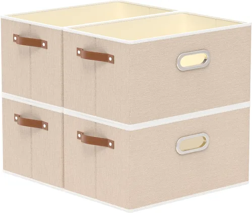Miniatura 11 de Yawinhe Cestas de almacenamiento de tela, organizador plegable de armario para estantes, cajas grandes con 3 asas, contenedores de lona para ropa