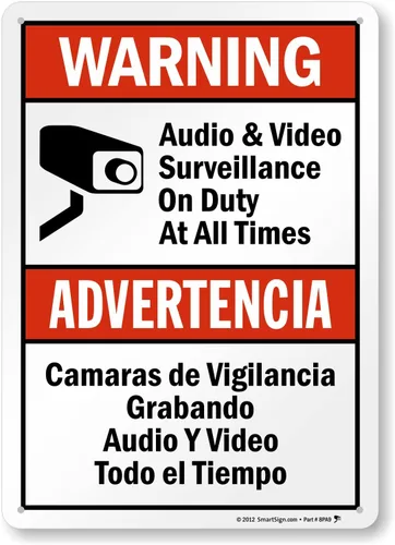 Miniatura 17 de SmartSign-S-9392-AL-14 Advertencia - Vigilancia de Audio y Video En Servicio en Todo Momento Letrero Bilingüe 10" x 14" de Aluminio - Negro/Rojo
