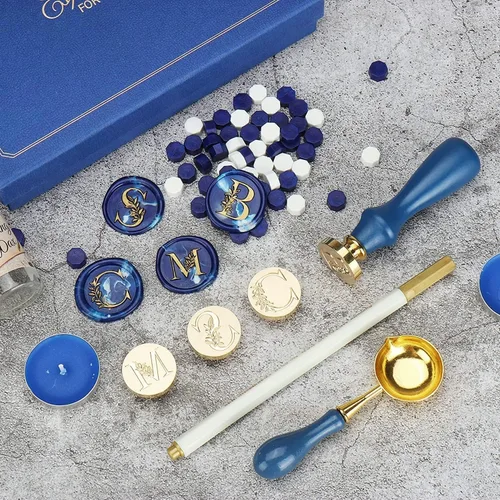 Miniatura 4 de SWANGSA Kit de Sello de Cera con Inicial del Alfabeto H, Sello de Sellado de Letras con Hojas Botánicas Elegantes Vintage con Perlas de Cera