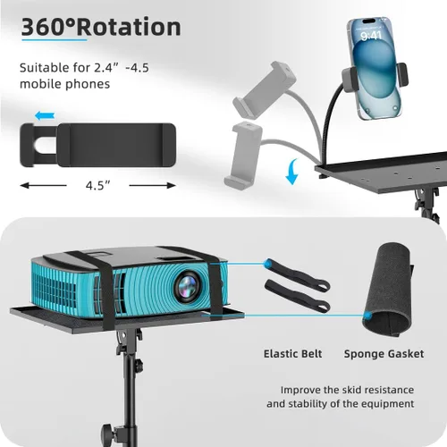 Miniatura 4 de Soporte para proyector con ruedas, trípode para laptop de 29 a 69 pulgadas con bandeja para mouse, soportes de DJ de altura ajustable con soporte